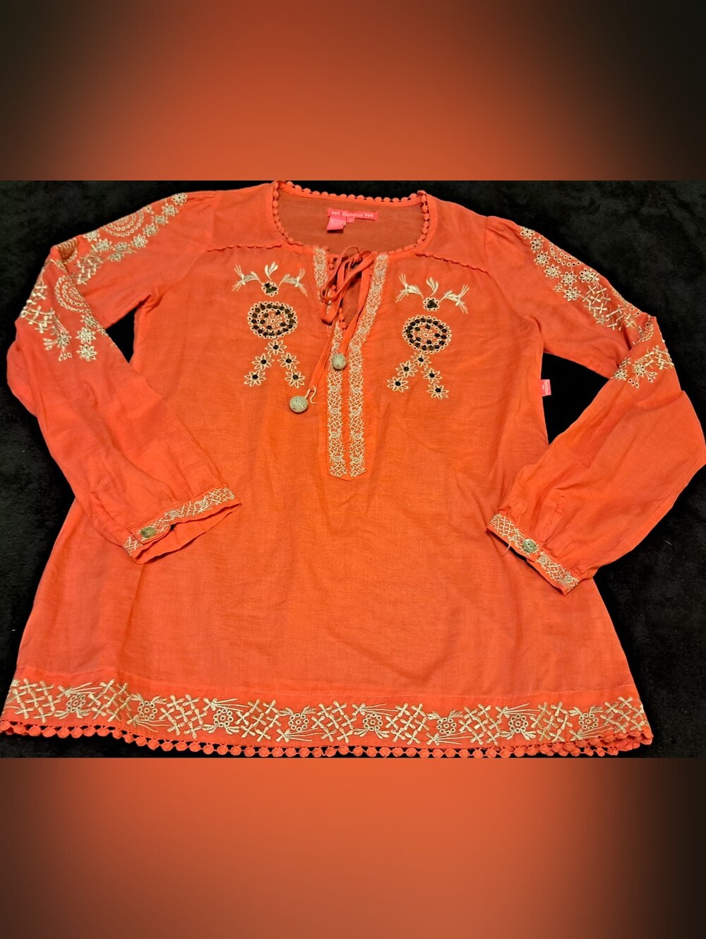 Flamenco Embroidered Salmon  Long-Sleeve Peasant Top Sz S 100% Cotton